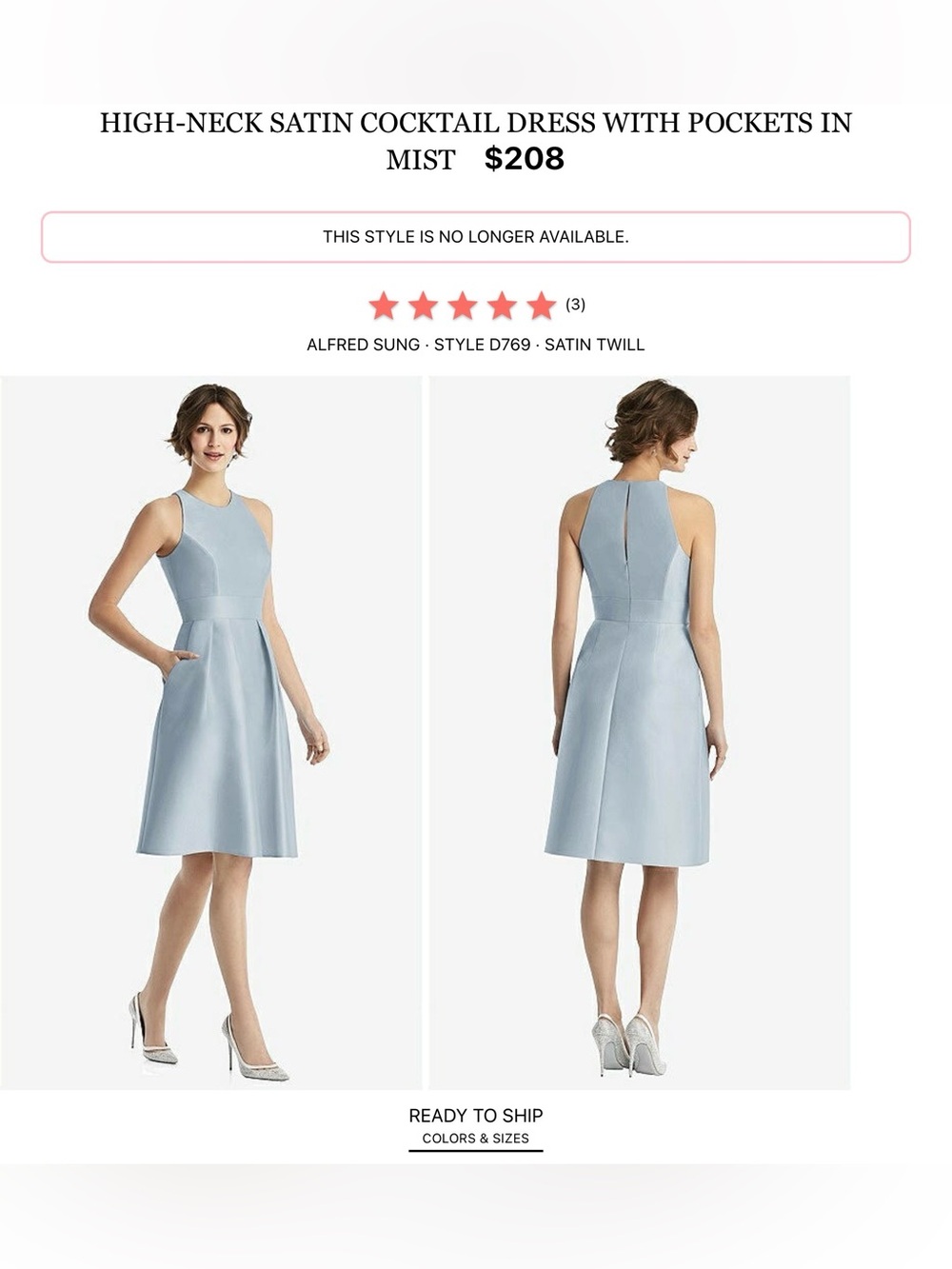 ALFRED SUNG Mist Blue High-Neck A-Line Satin Dress